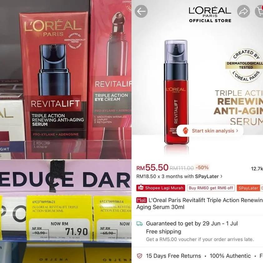 Left: L'Oréal Revitalift Triple Action Serum on a pharmacy shelf with a price tag reading Now RM71.90. Right: the same 30ml serum on L'Oréal's official Shopee store at RM55.50, down 50% from RM111